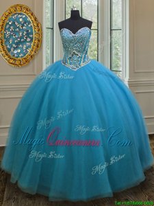 Cute Ball Gowns Ball Gown Prom Dress Teal Sweetheart Tulle Sleeveless Floor Length Lace Up