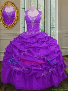 Straps Sleeveless Taffeta 15 Quinceanera Dress Beading and Pick Ups Lace Up