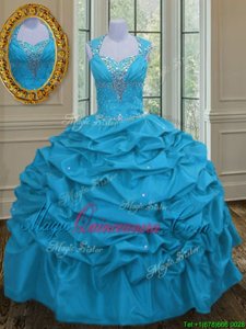 Smart Straps Straps Sleeveless Taffeta Floor Length Lace Up Sweet 16 Quinceanera Dress in Aqua Blue for with Beading and Pick Ups