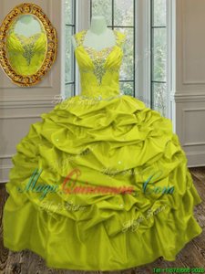 Ideal Straps Straps Pick Ups Yellow Green Sleeveless Taffeta Lace Up 15 Quinceanera Dress for Military Ball and Sweet 16 and Quinceanera