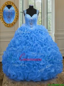 Stylish Blue Straps Zipper Beading and Ruffles 15th Birthday Dress Sleeveless