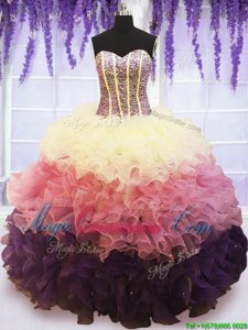 Glorious Sweetheart Sleeveless Quinceanera Gowns Floor Length Beading and Ruffles and Ruffled Layers Multi-color Organza