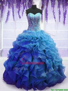 Blue Organza Lace Up Sweetheart Sleeveless Floor Length 15 Quinceanera Dress Beading and Ruffles