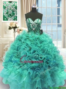 Smart Turquoise Sweetheart Neckline Beading and Ruffles Vestidos de Quinceanera Sleeveless Lace Up