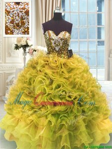 Sophisticated Organza Sweetheart Sleeveless Lace Up Beading and Ruffles Ball Gown Prom Dress in Yellow Green