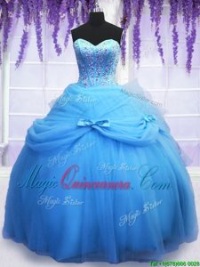 Floor Length Lace Up 15 Quinceanera Dress Blue and In for Military Ball and Sweet 16 and Quinceanera with Beading and Bowknot