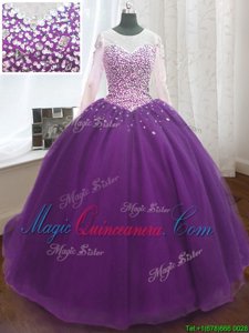 Organza Scoop Long Sleeves Sweep Train Lace Up Beading and Sequins Ball Gown Prom Dress in Purple