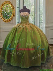 Customized Olive Green Lace Up Strapless Sequins Ball Gown Prom Dress Organza and Taffeta Sleeveless