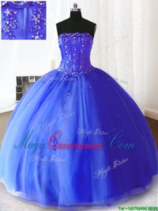 Elegant Floor Length Royal Blue Ball Gown Prom Dress Tulle Sleeveless Beading and Appliques