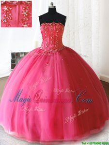 Hot Pink Strapless Lace Up Beading and Appliques Sweet 16 Dresses Sleeveless