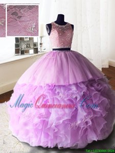 Lilac Organza and Tulle and Lace Zipper Scoop Sleeveless With Train Quince Ball Gowns Brush Train Beading and Lace and Ruffles