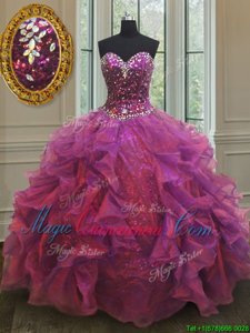 Purple Sleeveless Floor Length Beading and Ruffles Lace Up Quinceanera Dress