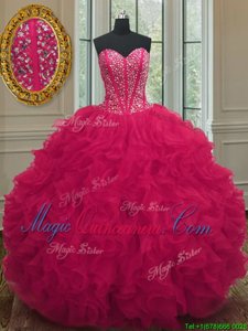 Floor Length Coral Red Sweet 16 Dresses Organza Sleeveless Beading and Ruffles