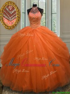 Excellent Halter Top Floor Length Ball Gowns Sleeveless Orange Red Quinceanera Dresses Lace Up