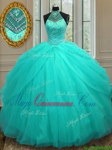 Aqua Blue Lace Up Halter Top Beading 15 Quinceanera Dress Tulle Sleeveless