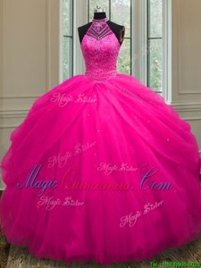 Halter Top Hot Pink Lace Up 15 Quinceanera Dress Beading and Sequins Sleeveless Floor Length