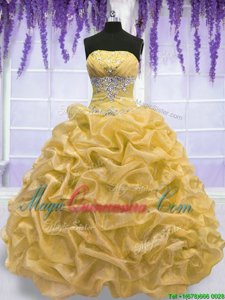 Glamorous Gold Sleeveless Floor Length Beading Lace Up Quinceanera Gown