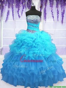 Aqua Blue Lace Up Quinceanera Dress Beading and Ruffled Layers and Pick Ups Sleeveless Floor Length