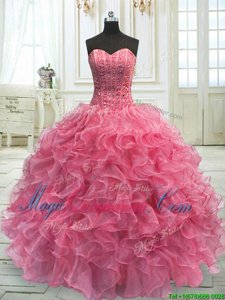 Rose Pink Sweet 16 Quinceanera Dress Military Ball and Sweet 16 and Quinceanera and For with Beading and Ruffles Sweetheart Sleeveless Lace Up