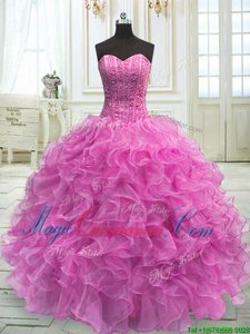 Hot Sale Lilac Sleeveless Floor Length Beading and Ruffles Lace Up Quinceanera Dresses