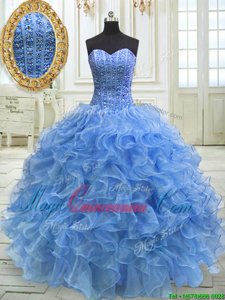 Inexpensive Baby Blue Lace Up Sweetheart Beading and Ruffles Vestidos de Quinceanera Organza Sleeveless