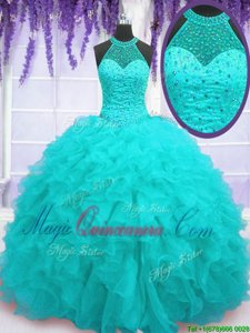 Custom Designed Beading and Ruffles Quinceanera Gowns Aqua Blue Lace Up Sleeveless Floor Length