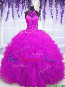 Floor Length Fuchsia Sweet 16 Dress High-neck Sleeveless Lace Up