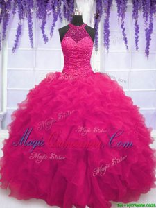 Eye-catching Hot Pink Sleeveless Floor Length Beading and Ruffles Lace Up Sweet 16 Quinceanera Dress