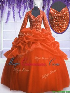 Sumptuous Orange Red Zipper Sweet 16 Dresses Sequins and Pick Ups Long Sleeves Floor Length