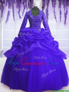 Wonderful Royal Blue Zipper V-neck Sequins and Pick Ups Sweet 16 Dress Organza Long Sleeves