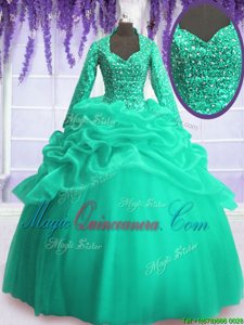 Long Sleeves Floor Length Zipper Quinceanera Dress Turquoise and In for Military Ball and Sweet 16 and Quinceanera with Sequins and Pick Ups