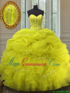 Glorious Yellow Sweetheart Lace Up Beading and Ruffles and Pick Ups Sweet 16 Dresses Sleeveless