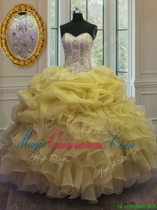 Pick Ups Ball Gowns Quinceanera Dresses Yellow Sweetheart Organza Sleeveless Floor Length Lace Up