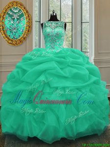 Custom Designed Pick Ups Ball Gowns Quince Ball Gowns Apple Green Scoop Organza Sleeveless Floor Length Lace Up