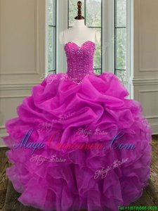 Sweet Fuchsia Ball Gowns Beading and Ruffles 15th Birthday Dress Lace Up Organza Sleeveless Floor Length