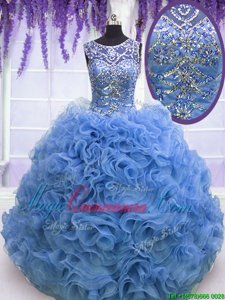 Eye-catching Scoop Sleeveless Vestidos de Quinceanera Floor Length Beading and Ruffles Baby Blue Organza