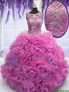 Scoop Floor Length Lilac 15th Birthday Dress Organza Sleeveless Beading and Ruffles