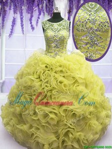 Fabulous Yellow Scoop Neckline Beading and Ruffles Sweet 16 Dress Sleeveless Lace Up