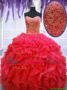 Coral Red Sleeveless Floor Length Beading and Ruffles Lace Up 15th Birthday Dress