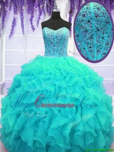 Glorious Sleeveless Floor Length Beading and Ruffles Lace Up Quinceanera Gowns with Aqua Blue