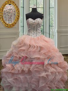 High Class Sweetheart Sleeveless Organza Sweet 16 Dress Beading and Ruffles Lace Up