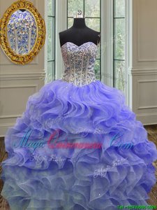 Flare Lavender Ball Gowns Organza Sweetheart Sleeveless Beading and Ruffles Floor Length Lace Up Vestidos de Quinceanera