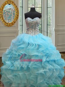 Colorful Baby Blue Sweetheart Neckline Beading and Ruffles Sweet 16 Dresses Sleeveless Lace Up