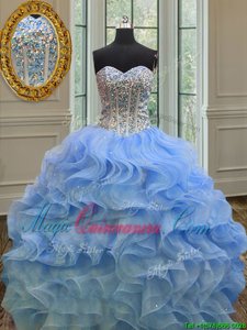 Fashionable Blue Organza Lace Up Sweetheart Sleeveless Floor Length 15 Quinceanera Dress Beading and Ruffles