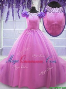 Artistic Rose Pink Ball Gowns Scoop Short Sleeves Tulle Floor Length Lace Up Hand Made Flower Quinceanera Gown