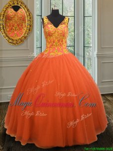 Shining Orange Red Sleeveless Floor Length Beading Zipper Ball Gown Prom Dress