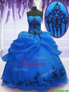 Noble Floor Length Lace Up Quinceanera Dresses Blue and In for Military Ball and Sweet 16 and Quinceanera with Embroidery