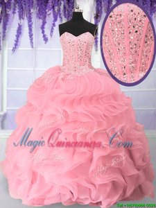 Trendy Pink Organza Lace Up Sweetheart Sleeveless Floor Length 15th Birthday Dress Beading and Ruffles