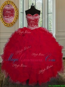 Cute Red Ball Gowns Tulle Sweetheart Sleeveless Beading and Ruffles Floor Length Lace Up 15th Birthday Dress