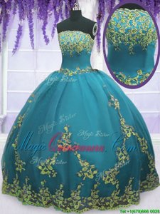 Perfect Sleeveless Floor Length Appliques Zipper Quinceanera Dress with Turquoise